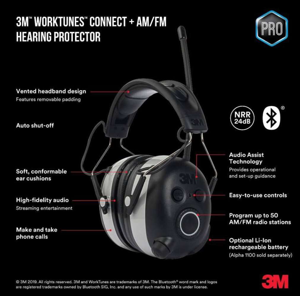 3M WorkTunes Connect Wireless Hearing Protector w Bluetooth-Black (Open Box)
