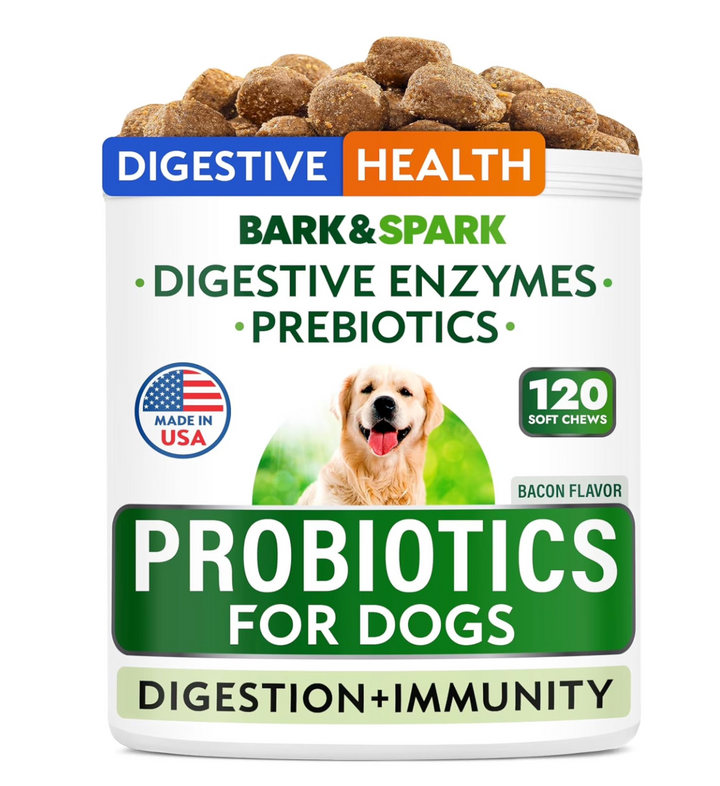 BARK&SPARK Probiotics for Dogs & Digestive Enzymes (Gut Health) Allergy & Itchy Skin - Pet Diarrhea Gas Treatment Upset Stomach Relief Pill Digestion (120 Count, Bacon) (new)