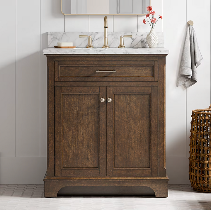 allen + roth Roveland 30-in Deep Walnut Undermount Single Sink Bathroom Vanity with Natural Carrara Natural Marble Top (damaged)