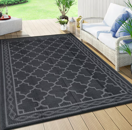 Garvee 8 x 10 ft Plastic Black and Gray Rectangular Beach Front Porches Patio Picnic RV Camping Garage Rhomb Border Modern Moroccan Area Rug (new)