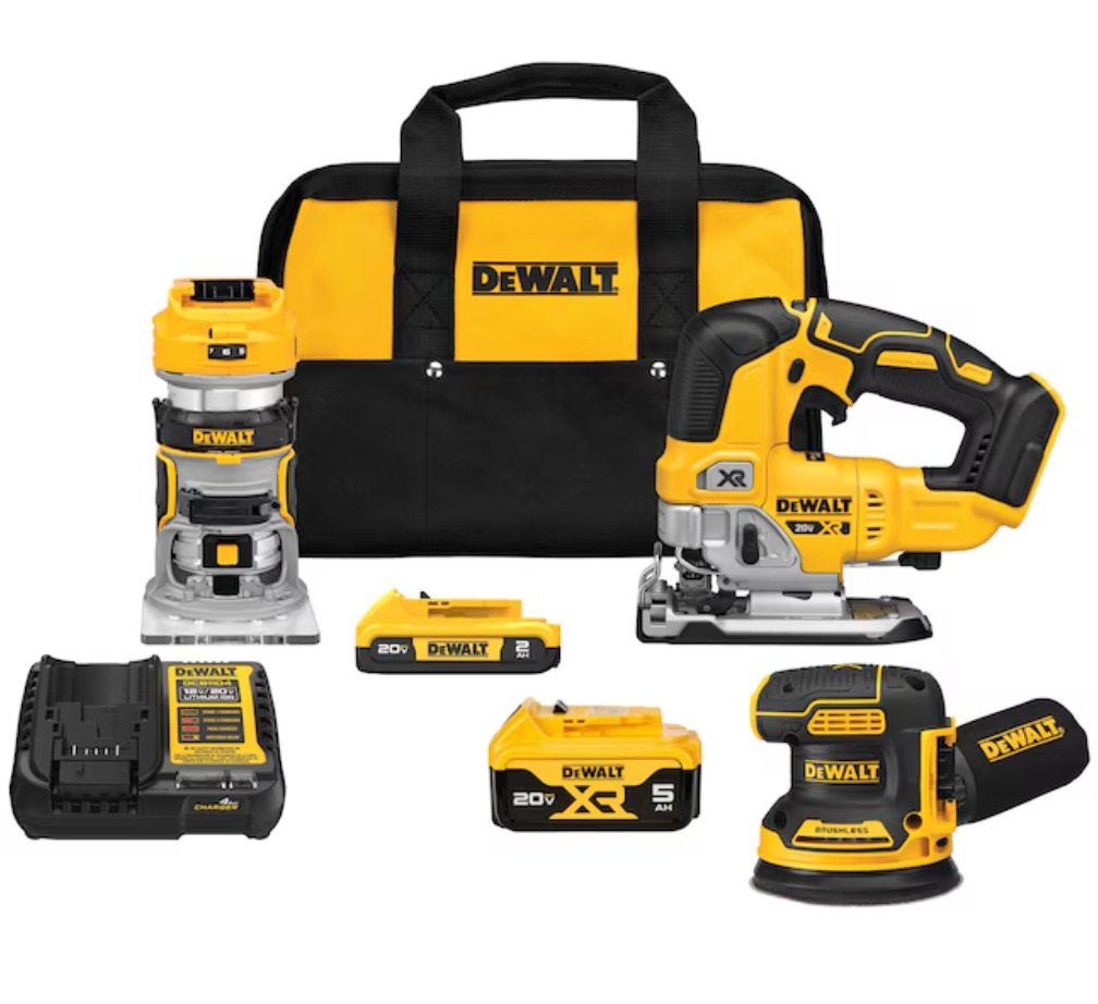 DEWALT 20V MAX XR 3-Tool Brushless Woodworking Power Tool Combo Kit with Soft Case (2-Batteries and Charger Included) (used)