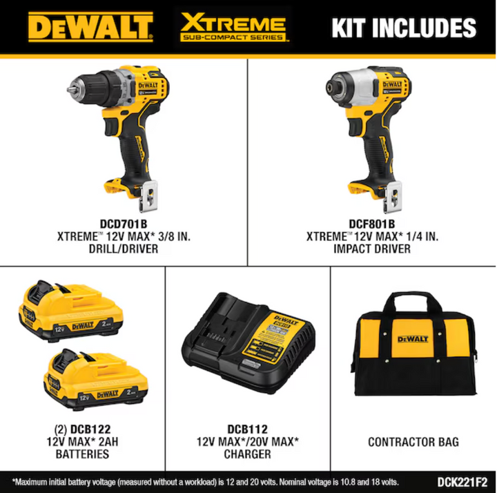 DEWALT XTREME 2-Tool 12V MAX XR Brushless DrilI/Impact Driver with Bag (2-Batteries and Charger Included) (open box)