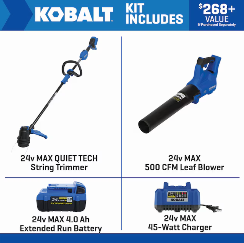 Kobalt Quiet Tech 24-volt Cordless Battery String Trimmer and Leaf Blower and Combo Kit 4 Ah (Battery Included) (Charger Included) (used)