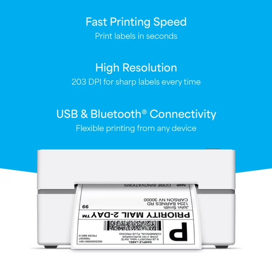 Core Innovations Bluetooth Thermal 4x6 Shipping Label Printer Bundle for Packages & Small Business - Android, iOS & Windows Compatible (new)