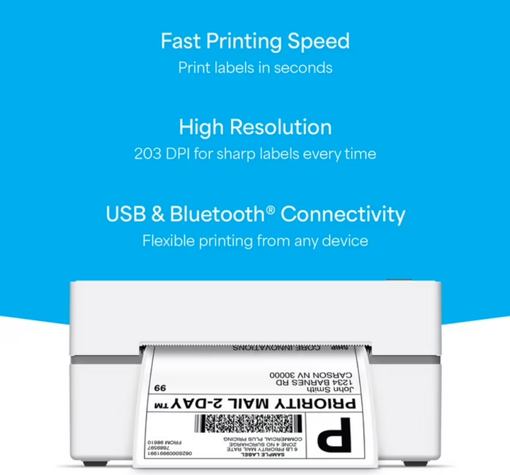 Core Innovations Bluetooth Thermal 4x6 Shipping Label Printer Bundle for Packages & Small Business - Android, iOS & Windows Compatible (new)
