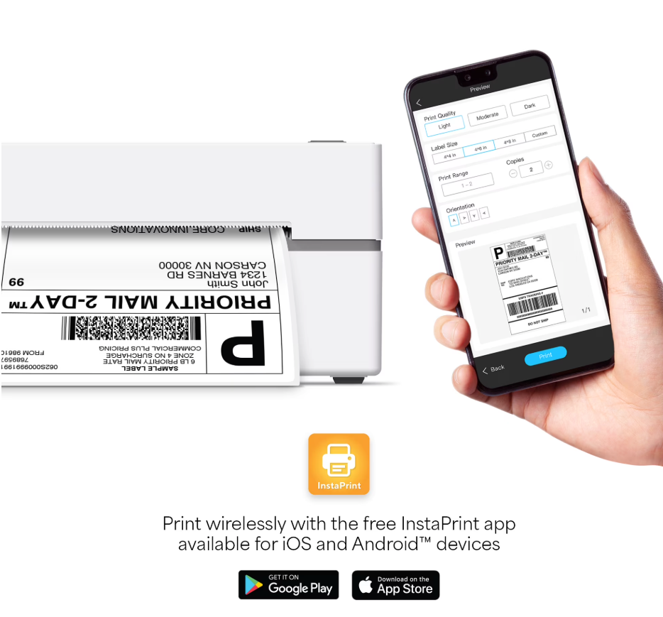 Core Innovations Bluetooth Thermal 4x6 Shipping Label Printer Bundle for Packages & Small Business - Android, iOS & Windows Compatible (new)