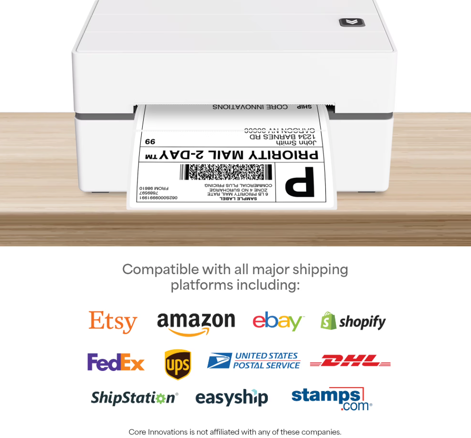 Core Innovations Bluetooth Thermal 4x6 Shipping Label Printer Bundle for Packages & Small Business - Android, iOS & Windows Compatible (new)