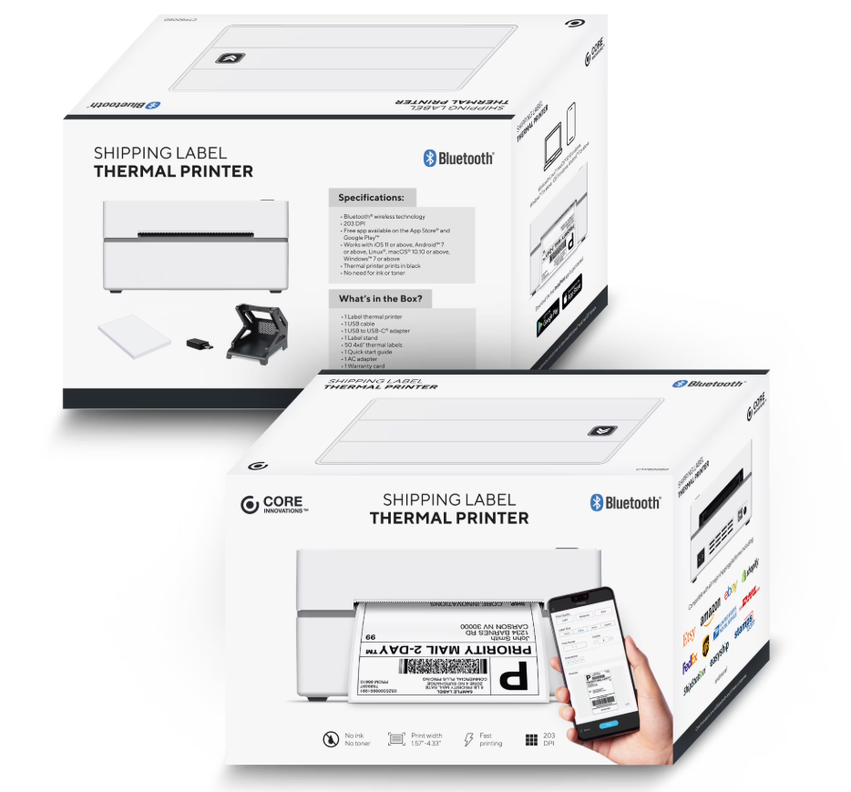 Core Innovations Bluetooth Thermal 4x6 Shipping Label Printer Bundle for Packages & Small Business - Android, iOS & Windows Compatible (new)