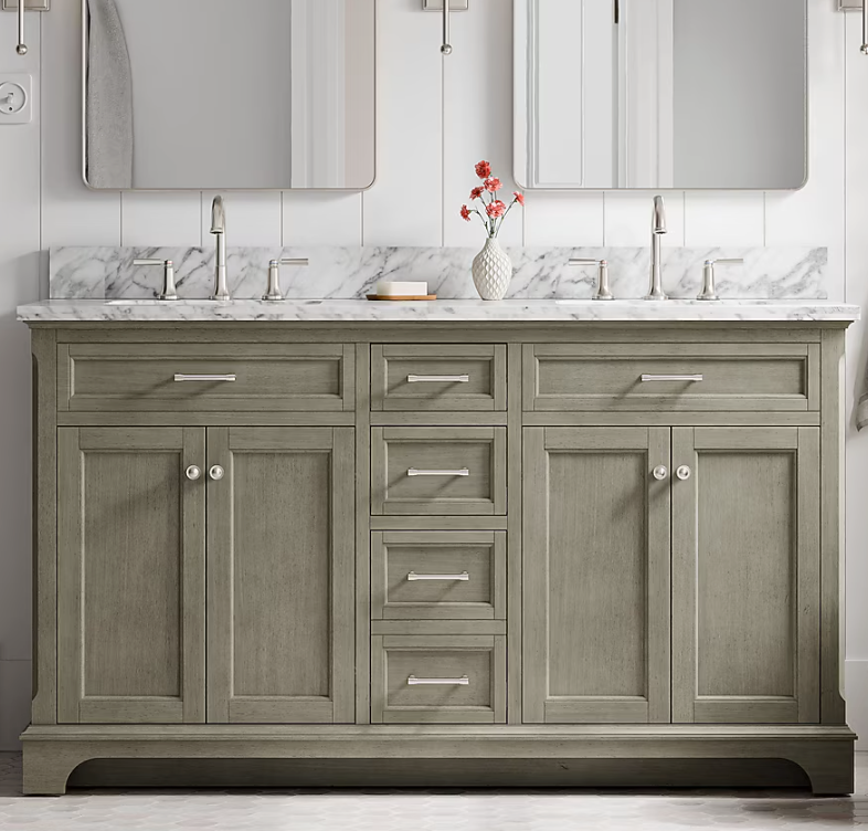 allen + roth Roveland 60-in Smokewood Undermount Double Sink Bathroom Vanity with Natural Carrara Natural Marble Top (Open Box)