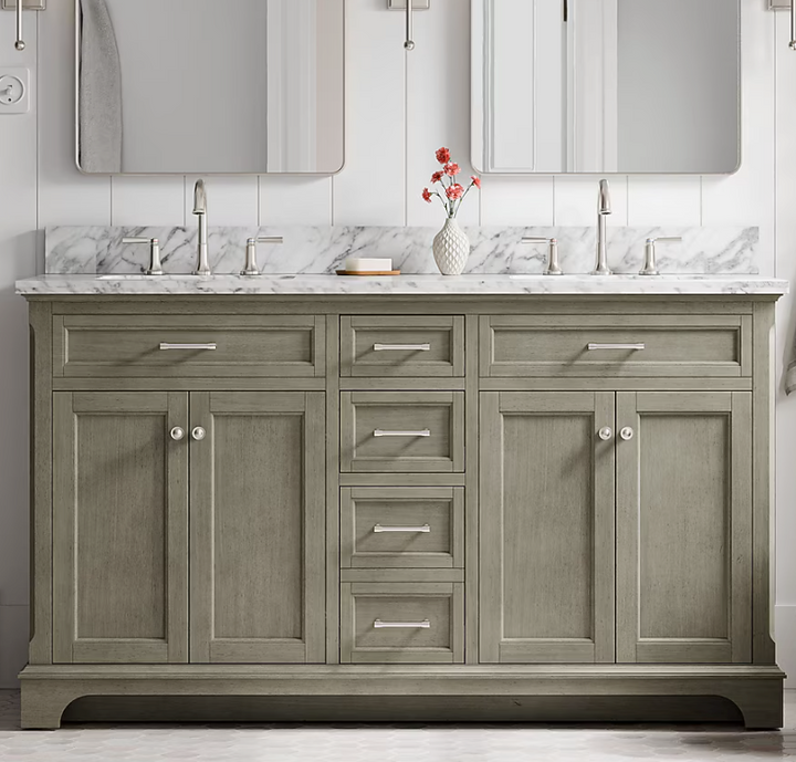 allen + roth Roveland 60-in Smokewood Undermount Double Sink Bathroom Vanity with Natural Carrara Natural Marble Top (Open Box)