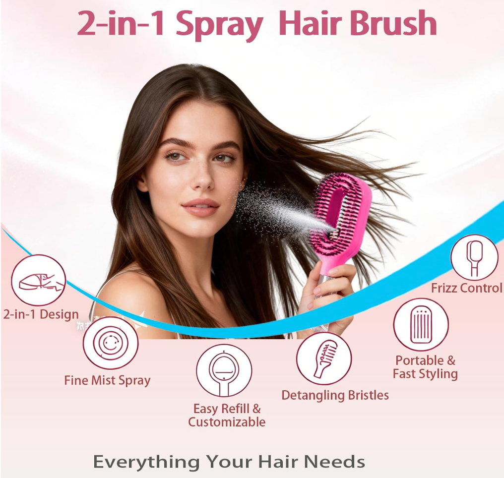 Hair Brush with Water Spray - 2-in-1 Detangler Brush for Frizz Control (new)