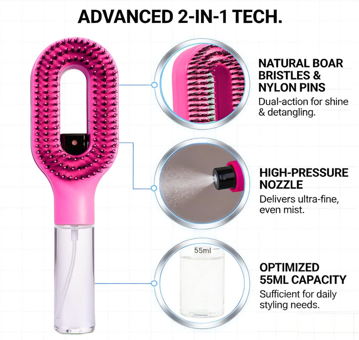 Hair Brush with Water Spray - 2-in-1 Detangler Brush for Frizz Control (new)