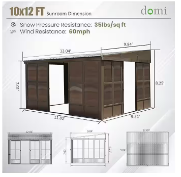 10 ft. x 12 ft. Brown Aluminum Wall Mounted Sunroom NEW