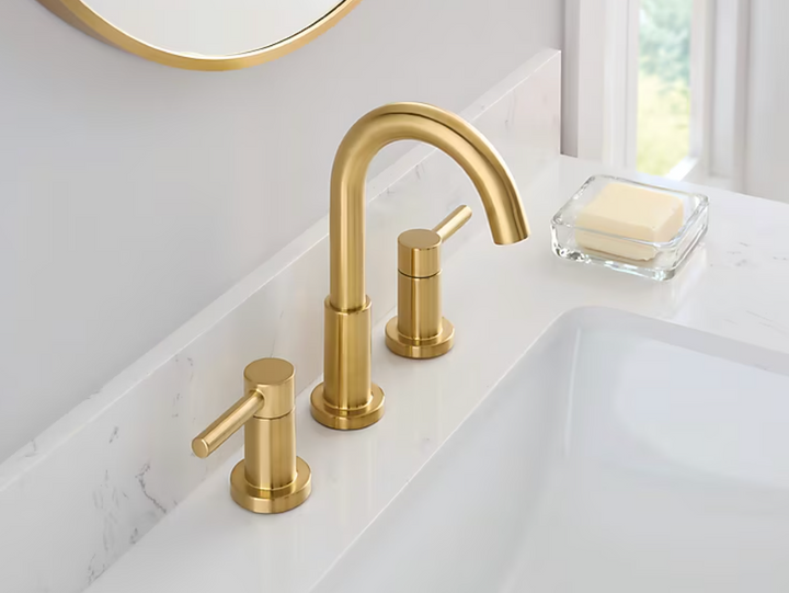 allen + roth Harlow Simplefit Brushed Gold Widespread 2-handle WaterSense High-arc Bathroom Sink Faucet with Drain NEW