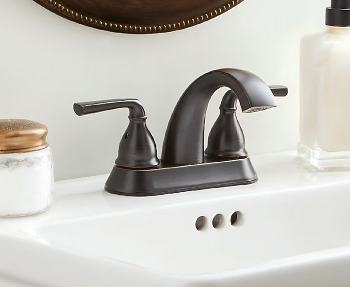 allen + roth Reagan Oil Rubbed Bronze 4-in centerset 2-handle WaterSense Mid-arc Bathroom Sink Faucet with Drain