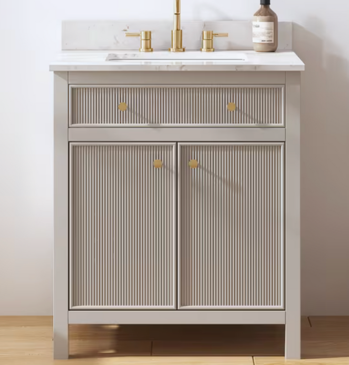 allen + roth Sandbanks 30-in Flaxen Greige Undermount Single Sink Bathroom Vanity with White Engineered Stone Top