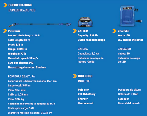 Motosierra de pértiga a batería Kobalt Gen4 de 40 voltios y 10 pulgadas y 2 Ah (batería y cargador incluidos)