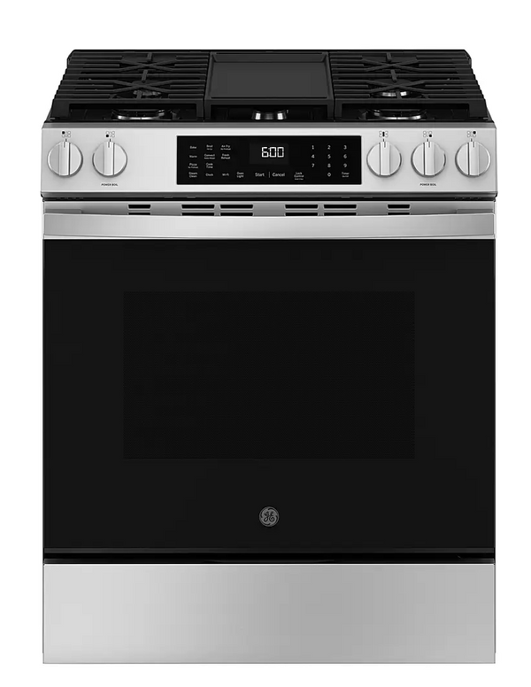 GE 30 in. 5-Burners Slide-In Smart Gas Convection Range in Stainless with EasyWash Oven Tray And No-Preheat Air Fry