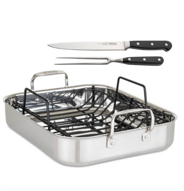 Viking 3-Ply Stainless Steel Roasting Pan with Rack and Bonus Carving Set - Silver