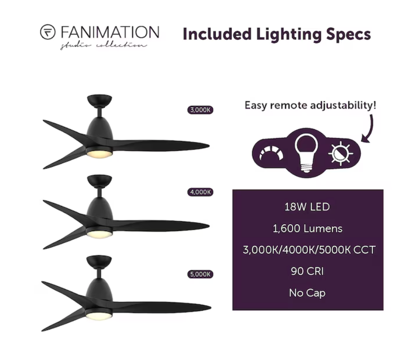 Fanimation Studio Collection Prop 52-in Black Color-changing Integrated LED Indoor/Outdoor Propeller Ceiling Fan with Light and Remote (3-Blade) (open box)