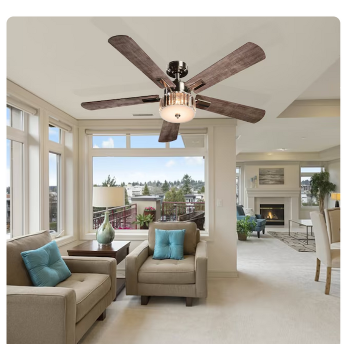 Harbor Breeze Elms 52-in Brushed Nickel with Gray/Walnut Blades Color-changing Integrated LED Indoor Ceiling Fan with Light and Remote (5-Blade) (open box)