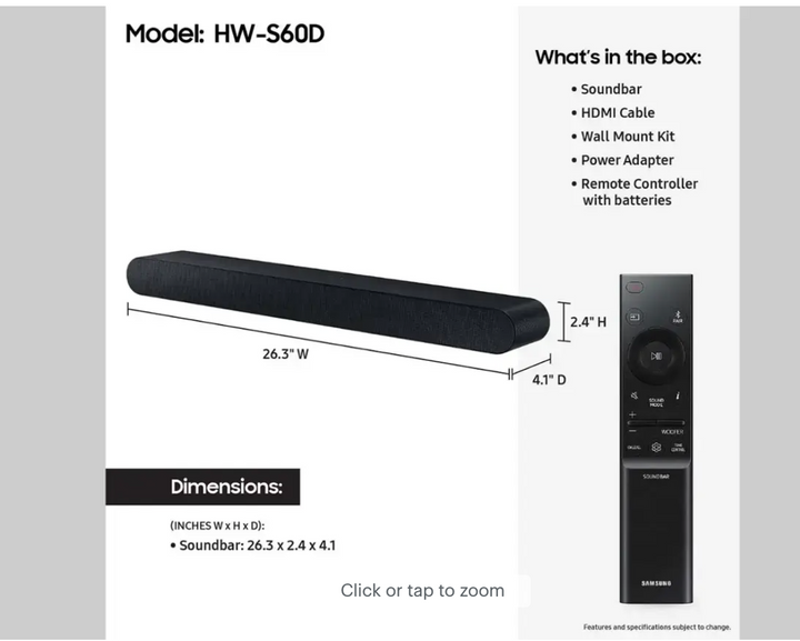 Samsung - HW-S60D 5.0 Channel S-Series All-in-one Soundbar, Dolby Atmos and Q-Symphony - Black (OPEN BOX)