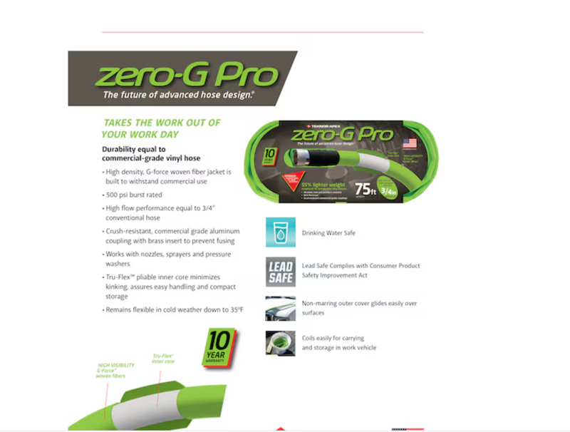 Zero-G Pro Teknor Apex 3/4-in x 75-ft Contractor-Duty Kink Free Woven Green Coiled Hose (open box)