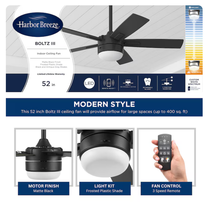 Harbor Breeze Boltz III 5 Blade 52" Indoor Ceiling Fan With LED And Remote