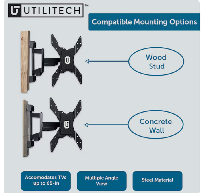 Utilitech Full motion Indoor Wall TV mount Fits TVs up to 65-in ( Hardware Included ) (new)