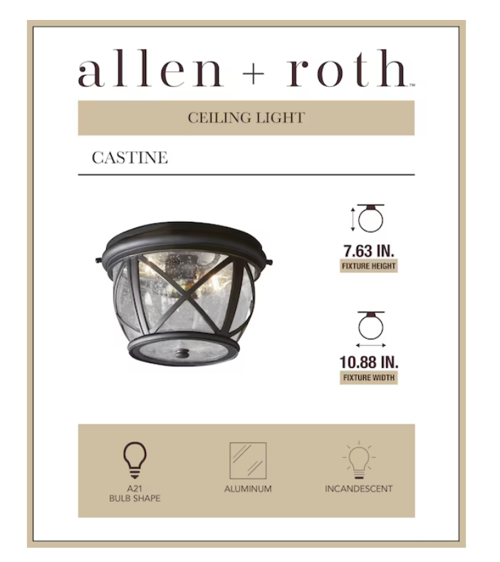 allen + roth Castine 1-Light 10.88-in Antique Bronze Indoor/Outdoor Flush Mount Light (open box)