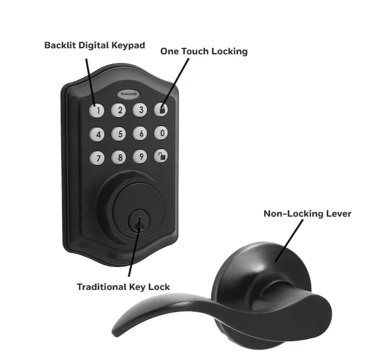 Honeywell Matte Black Electronic deadbolt and handleset and Keypad (open box)