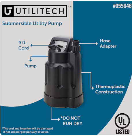 Utilitech 1/6-HP 115-Volt 25-GPM Thermoplastic Submersible Utility Pump (open box)