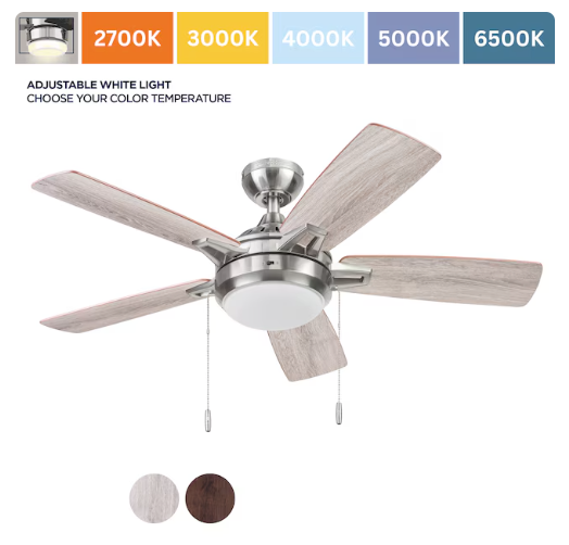 Harbor Breeze Audiss 44-Inches Brushed Nickel with Driftwood/Nutmeg Blades Color-Changing Integrated LED Fixture Indoor Downrod mount Standard Ceiling Fan With Light ( 5 -Blade) (open box)