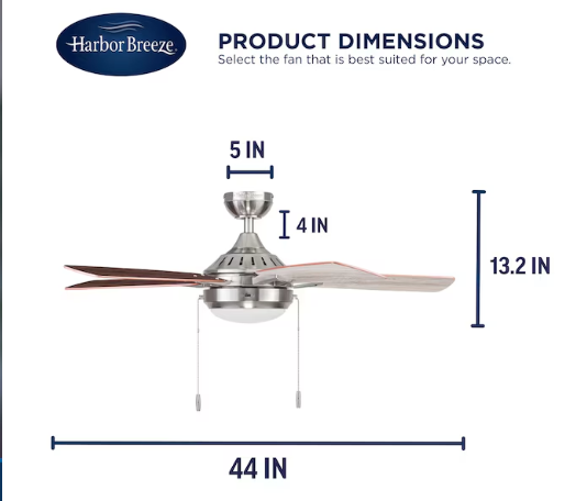 Harbor Breeze Audiss 44-Inches Brushed Nickel with Driftwood/Nutmeg Blades Color-Changing Integrated LED Fixture Indoor Downrod mount Standard Ceiling Fan With Light ( 5 -Blade) (open box)