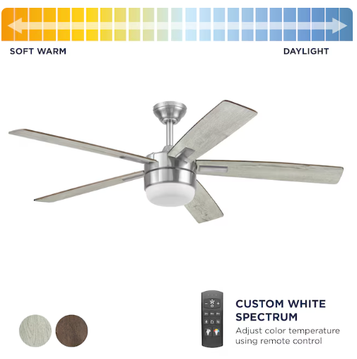 Harbor Breeze Boltz III Easy2Hang 52-Inches Brushed Nickel with Gray Blades Color-Changing Integrated LED Fixture Indoor Downrod mount Standard Ceiling Fan With Light and Remote ( 5 -Blade) (open box)