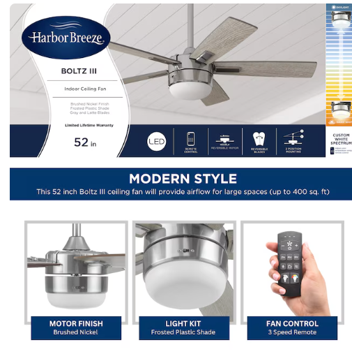 Harbor Breeze Boltz III Easy2Hang 52-Inches Brushed Nickel with Gray Blades Color-Changing Integrated LED Fixture Indoor Downrod mount Standard Ceiling Fan With Light and Remote ( 5 -Blade) (open box)