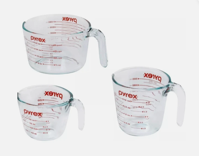 PYREX 3-Piece Glass Measuring Cup Set - Includes 1, 2 & 4 Cup Containers (open box)