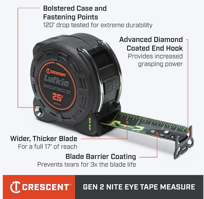 Crescent Lufkin Shockforce Nite Eye G2 2 -Pack 25-ft Tape Measure (OPEN BOX)