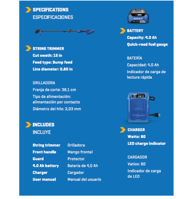 Kobalt 40-volt Max 15-in Straight Shaft Battery String Trimmer 4.0 Ah (Battery and Charger Included)(open box)