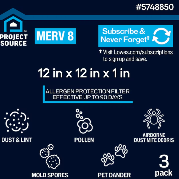 Project Source 12 x 12 x 1 MERV 8 Electrostatic pleated Air Filter 12-Pack