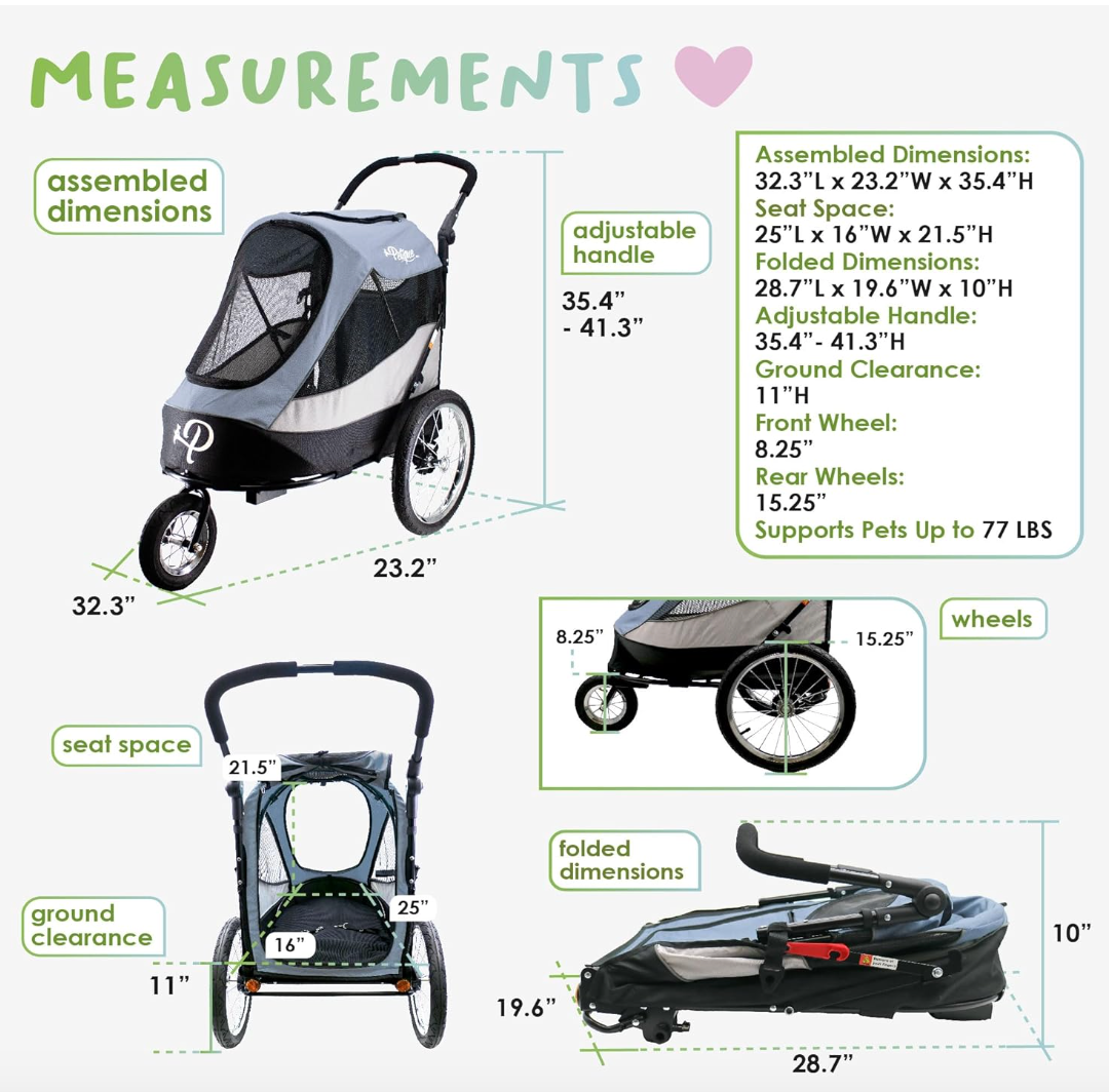 Petique Trailblazer Jogger, Dog Cart for Medium Size Pets, Ventilated Pet Stroller for Cats & Dogs, Gray (open box)