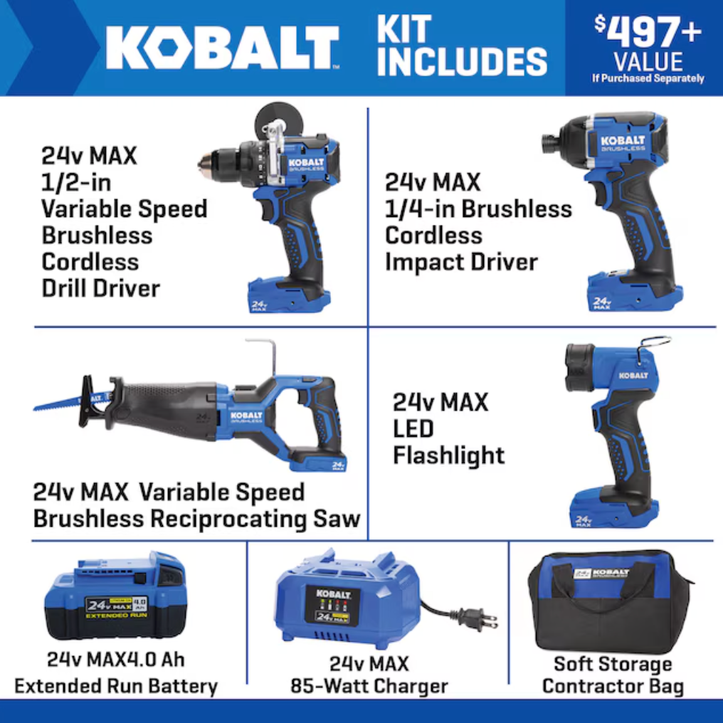 Kobalt 24-volt 4-Tool Brushless Power Tool Combo Kit with Soft Case (1-Battery Included and Charger Included) (USED)