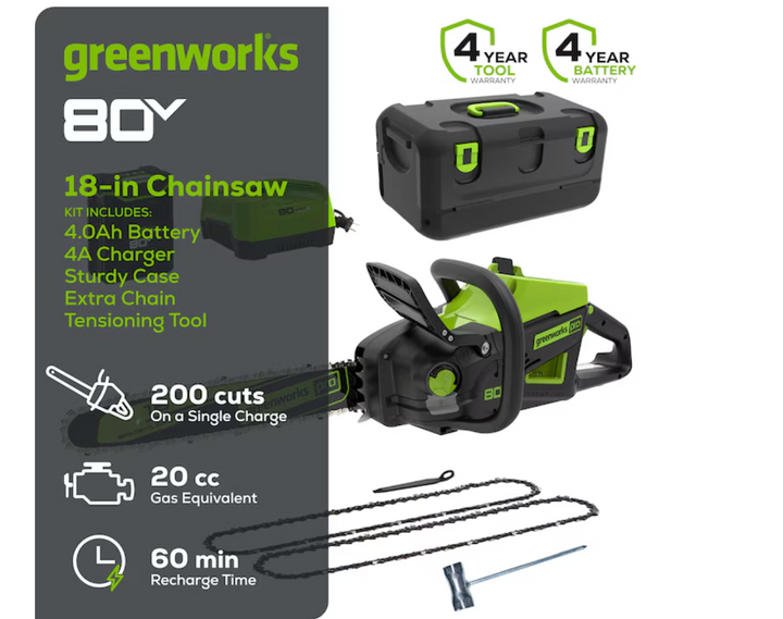 Greenworks Pro 80-volt 18-in Battery 4 Ah Chainsaw Battery Included Charger Included (open box)