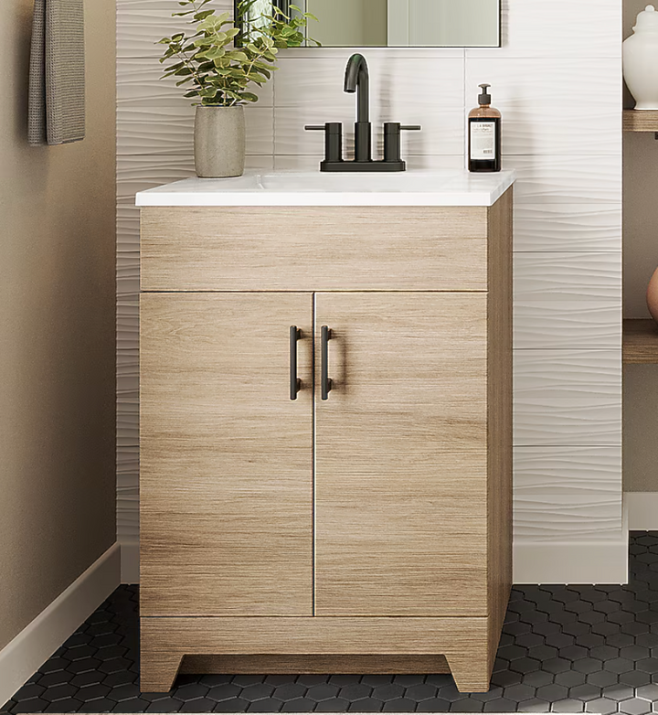 Project Source Tierra 24-in Sandstone Single Sink Bathroom Vanity with White Cultured Marble Top (Damaged)