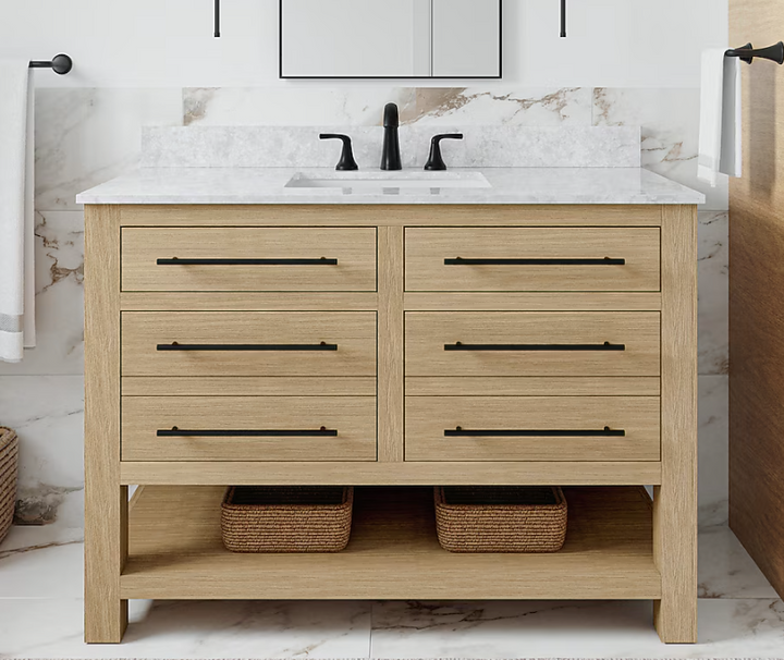 allen + roth Kennilton 48-in Light Oak Undermount Single Sink Bathroom Vanity with White Veined Engineered Stone Top (open box)