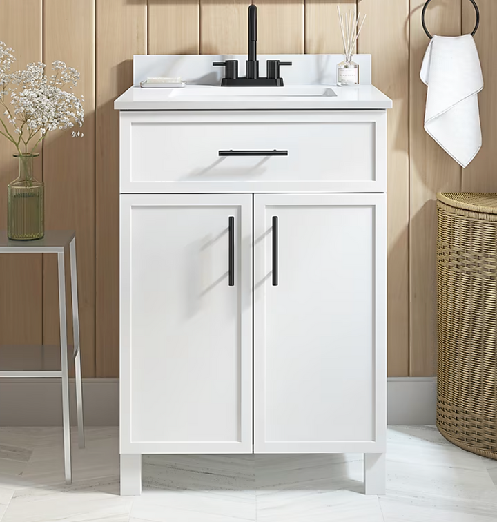 Style Selections Dolton 24-in True White Undermount Single Sink Bathroom Vanity with White Engineered Stone Top (damaged)