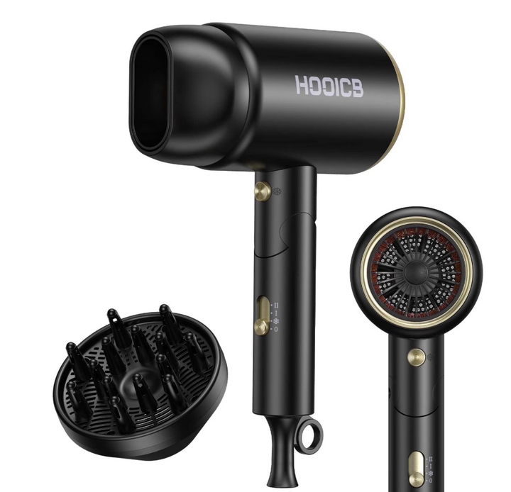 HOOICB Hair Dryer, Professional Ionic Blow Dryer with Diffuser and Concentrator Nozzle, Foldable Design, Fast Drying and Styling, Black (new)
