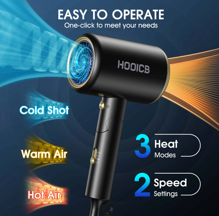 HOOICB Hair Dryer, Professional Ionic Blow Dryer with Diffuser and Concentrator Nozzle, Foldable Design, Fast Drying and Styling, Black (new)