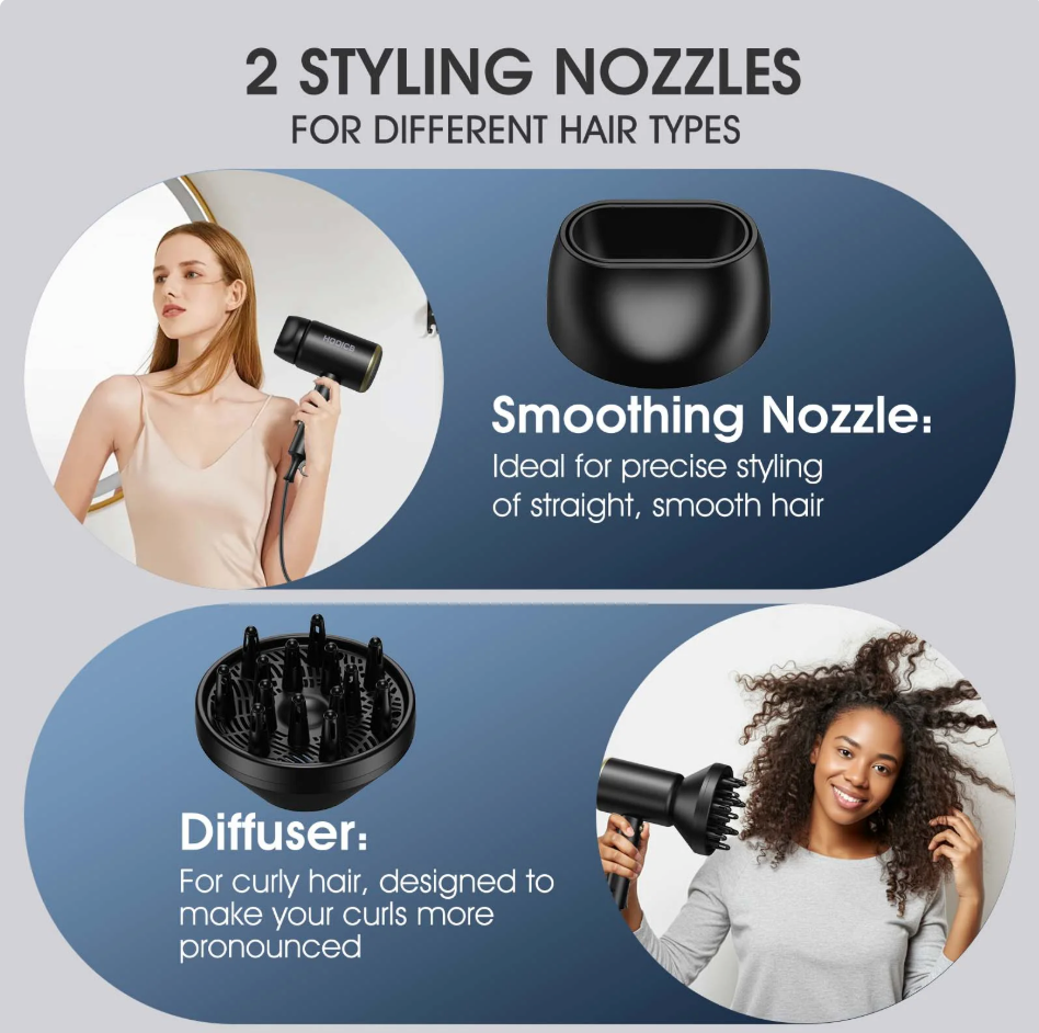 HOOICB Hair Dryer, Professional Ionic Blow Dryer with Diffuser and Concentrator Nozzle, Foldable Design, Fast Drying and Styling, Black (new)