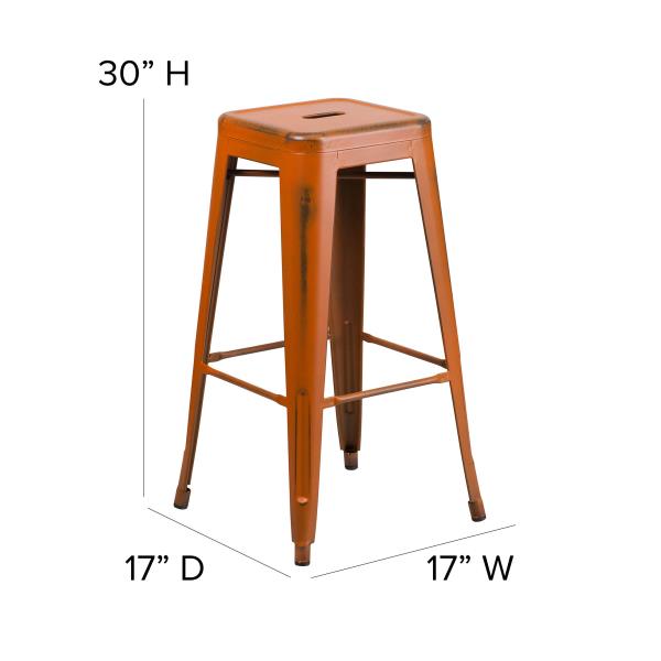 Lot # 2262 Flash Furniture Kai Commercial Grade 30" High Backless Distressed Orange Metal Indoor-Outdoor Barstool